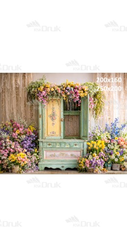 Tło fotograficzne „Miętowa komoda wśród kolorowych kwiatów” | E826